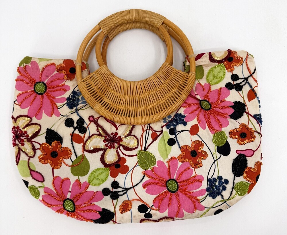 Far Nine Floral Beaded Embroidered Bamboo Handle Handbag Womens Pink Canvas Tote